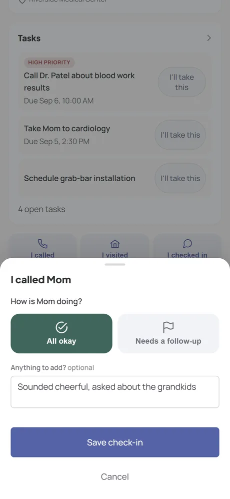 The Hearthwick dashboard with the check-in sheet open: I called Mom, all okay, with a short note