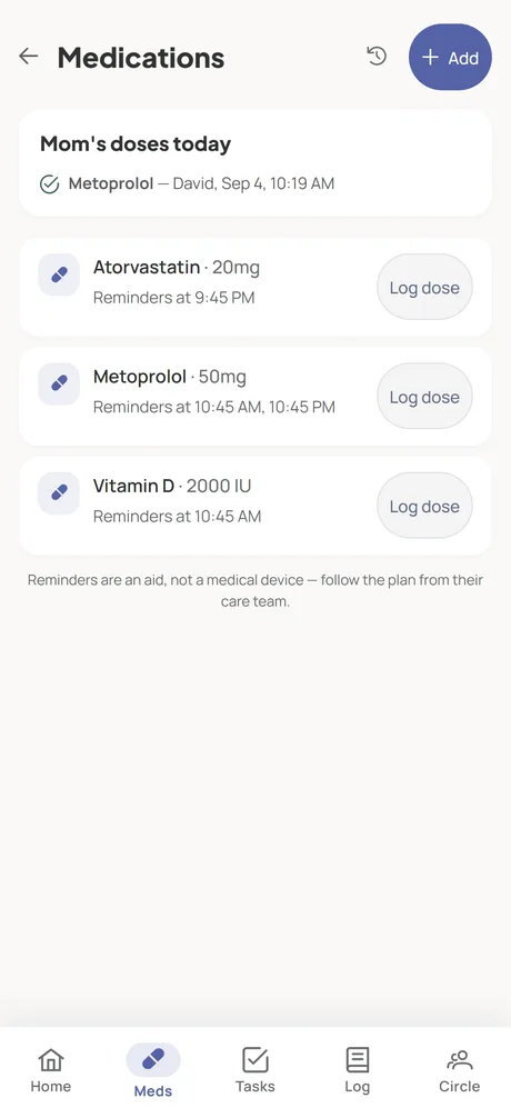 Medication list in Hearthwick with reminder times and one-tap dose logging